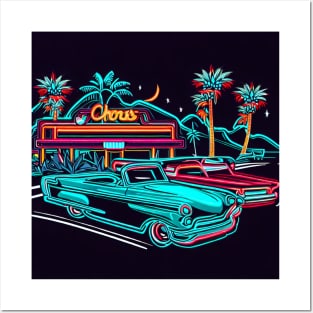 A design that captures the spirit of a classic American road trip from the 1950s or 60s, with vintage cars, neon signs, and roadside attractions. Posters and Art